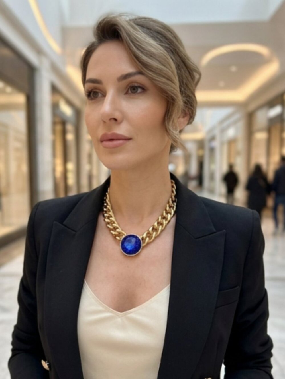 NEW Women Gold Metal Chunky Chain Necklace With Blue Crystal Pendant WN17